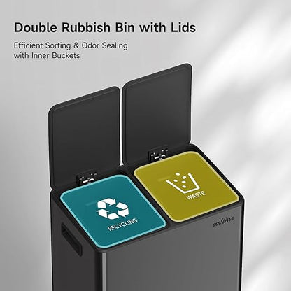 mVm 16(2x8) Gal Dual Trash Can, Large Step Trash Can with Thick Lids, Recycling Garbage Bin for Kitchen Home Office (Black)