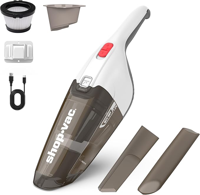 Shop-Vac Wet/Dry Handheld Vacuum, Powerful Small Vacuum Cordless Rechargeable, Wall-Mounted Hand Vac with Crevice Tool, Portable Vacuum for Home & Car, Lightweight & Compact, White