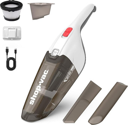Shop-Vac Wet/Dry Handheld Vacuum, Powerful Small Vacuum Cordless Rechargeable, Wall-Mounted Hand Vac with Crevice Tool, Portable Vacuum for Home & Car, Lightweight & Compact, White