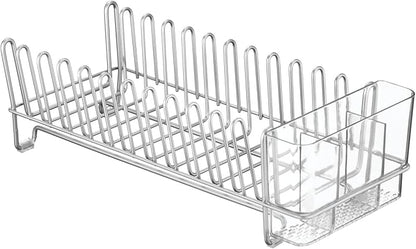 mDesign Kitchen Sink Dish Drainer – Small Metal and Plastic Dish Rack for Kitchen Sink – Ideal for Plates and Cutlery Basket – Chrome/Clear