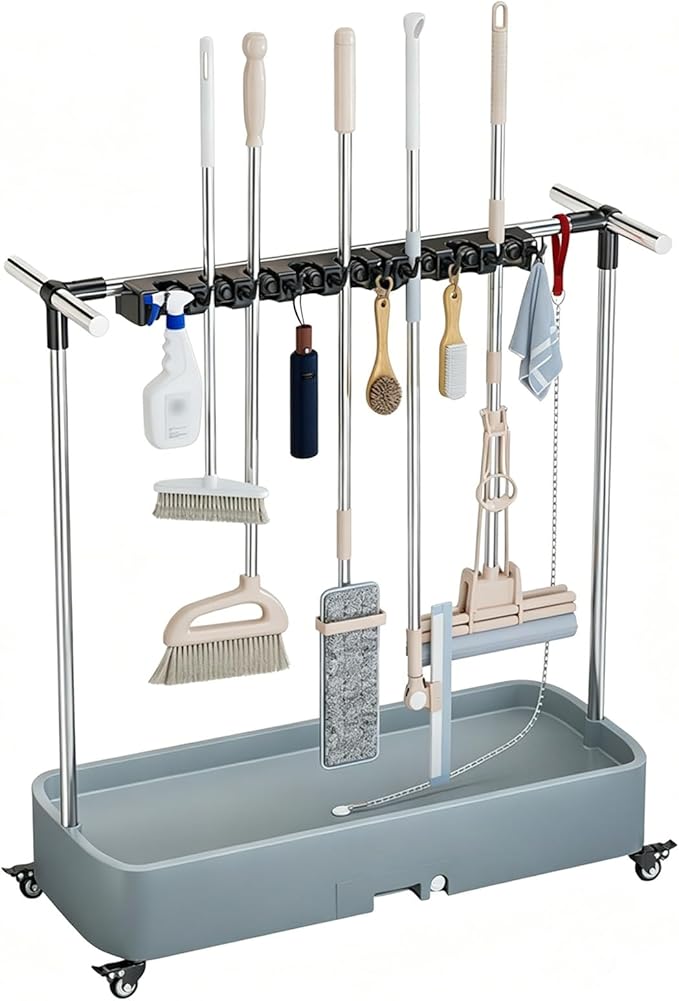 SARKEY Mop Broom Organizer With Wheels,Rolling Janitor Cart With Wheels,Freestanding Housekeeping Storage,With Drip Tray,For Garage,Garden,Schools Hotels,Closet,Cabinet(100x40x96cm(39x16x38in))
