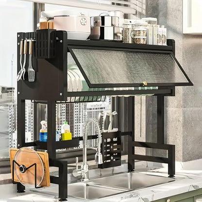 Over The Sink Dish Drying Rack, Over Sink Dish Drain Drying Rack for Kitchen Storage of Dishes and Cutlery, Space Saving Dish Rack with Cover, (Black, 33.5 inch)