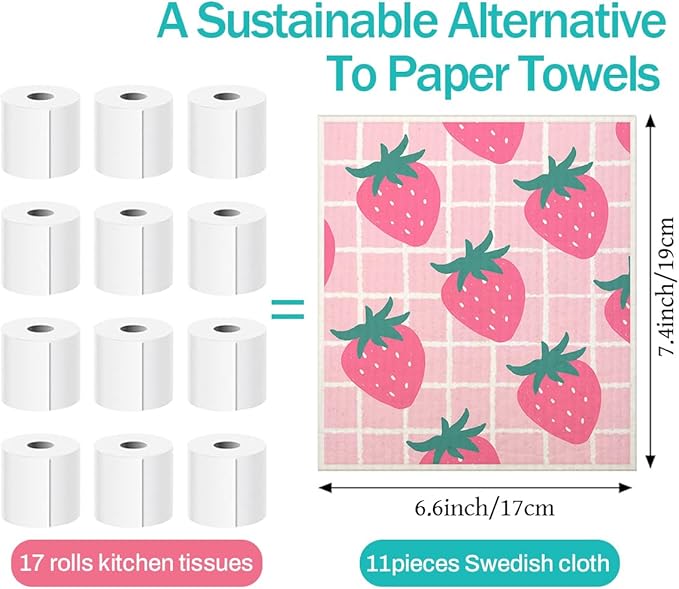Swedish Dishcloths for Kitchen | 6 Pack Floral Reusable Paper Towels Washable | Swedish Dish Towels | Non-Scratch Cellulose Sponge Cloths | No Odor, Biodegradable Cleaning Cloths, Fruits