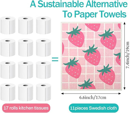 Swedish Dishcloths for Kitchen | 6 Pack Floral Reusable Paper Towels Washable | Swedish Dish Towels | Non-Scratch Cellulose Sponge Cloths | No Odor, Biodegradable Cleaning Cloths, Fruits