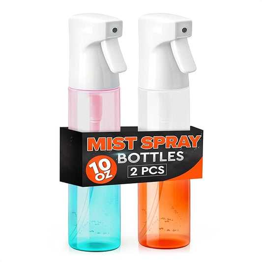 2 Pcs Continuous Spray Bottle for Hair - 10 Oz Plastic Empty Hair Spray Bottles Mist with 0.3 mm Nozzle, Continuous 360° Mist - Leak-Proof Ergonomic Design for Styling, Skin Care, Plants & Cleaning