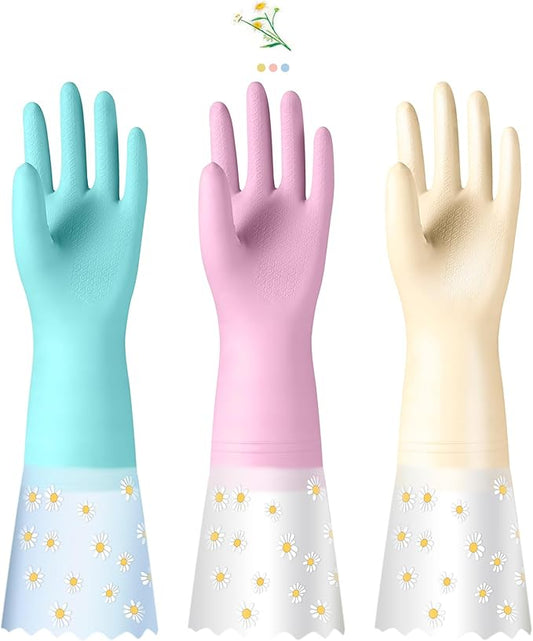 KAQ Reusable Household Cleaning Gloves Rubber: 3 Pairs Latex Free Kitchen Gloves for Washing Dishes with Cotton Lined