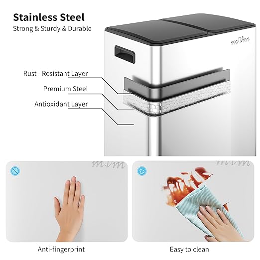 mVm Kitchen Trash Can, 16(2x8) Gal Dual Compartment Recycle Bin, Stainless Steel Garbage Bin for Home Kitchen Office (Silver)