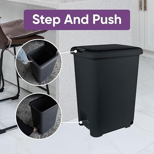 Superio 45L Slim Step & Push Trash Can with Wheels - Dual Opening, Space-Saving Design (17.52"x13.07"x22.24") - Black