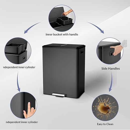 Large Stainless Steel Dual Compartment Recycling Trash Can 60 l/16 Gal Recycle Bins with Lid Waste Bin with Removable Buckets, Bathroom,Kitchen Garbage Can,Black