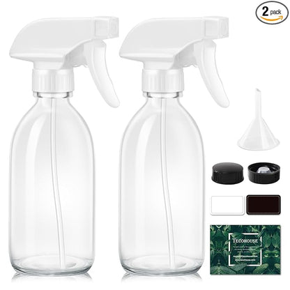 Tecohouse Glass Spray Bottle 8 oz, Clear Small Empty Refillable Sprayer Container with Labels, Funnel, Lids, Graduated Pipettes - Handheld Size
