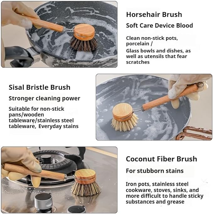 Bamboo Dish Brush - Kitchen Scrub Brushes with 3 Replacement Heads | Natural Bristle | Sisal | Horse Hair - Pot Brush with Wooden Handle for Cleaning Grills, Pans, Stoves