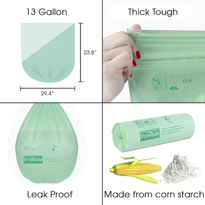 Compostable Bags 13 Gallon, Tall Kitchen Trash Bags, 100 Count, Extra Thick 0.87 Mil. ASTMD6400 Food Scrap Yard Waste Compost Bags, Certified by BPI and TÜV AUSTRIA