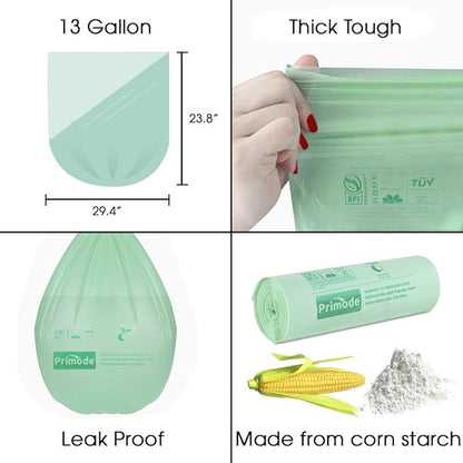Compostable Bags 13 Gallon, Tall Kitchen Trash Bags, 100 Count, Extra Thick 0.87 Mil. ASTMD6400 Food Scrap Yard Waste Compost Bags, Certified by BPI and TÜV AUSTRIA