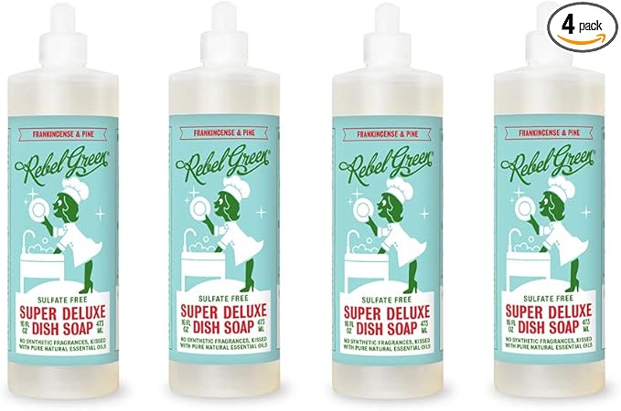 Rebel Green Super Deluxe Frankincense and Pine Scent Dish Soap, Sulfate Free, 16 Ounce (Pack of 4)