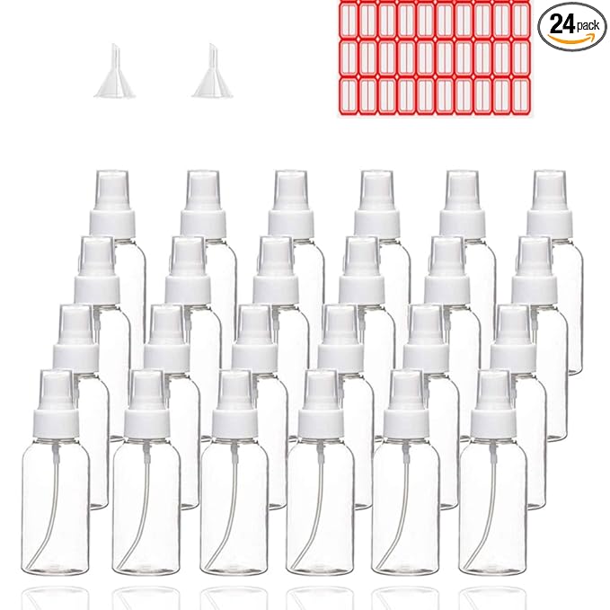 TINFO Spray Bottles, 24 Pack 50 Milliliter 2 Ounce Clear Empty Fine Mist Plastic Mini Travel Bottle Set, Small Refillable Liquid Containers