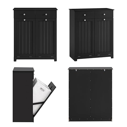 Double Tilt Out Trash Can Cabinet – Hidden Wooden Kitchen Trash Bin Cabinet with 2x10 Gallon Garbage Can, Pet Proof Tilt Out Garbage Holder, Storage Cabinet for Trash in Kitchens, Black, BZR33