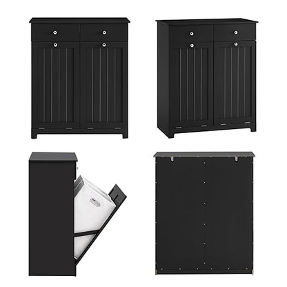 Double Tilt Out Trash Can Cabinet – Hidden Wooden Kitchen Trash Bin Cabinet with 2x10 Gallon Garbage Can, Pet Proof Tilt Out Garbage Holder, Storage Cabinet for Trash in Kitchens, Black, BZR33
