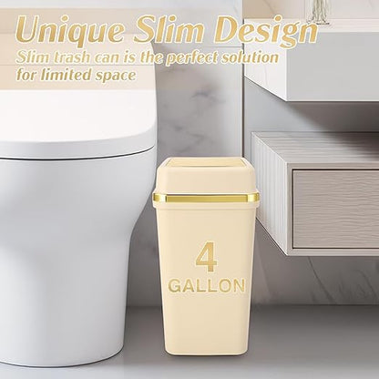 Bathroom Trash Can with Lid 4 Gallon Trash Can with Swing Lid Beige Small Garbage Can Bathroom Garbage Can with 300 Counts Trash Bags for Kitchen Bedroom Office