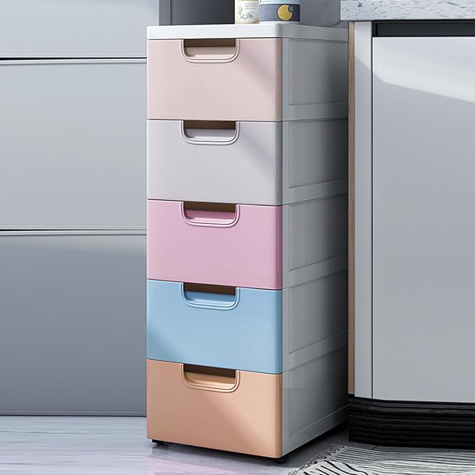 5 Drawer Stackable Storage Tower,Plastic Drawers Dresser,Narrow Rolling Storage Cabinet for Livingroom,Colored