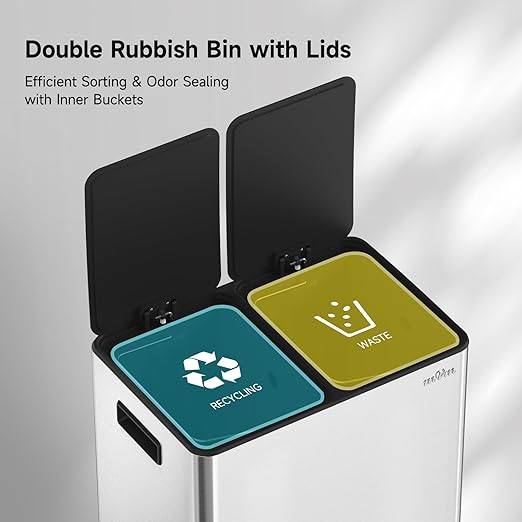 mVm Dual Trash Can, 10.6(2x5.3) Gal Kitchen Trash Can with Thick Lids, 2 Compartment Stainless Steel Recycle Bin for Home Kitchen Office (Silver)