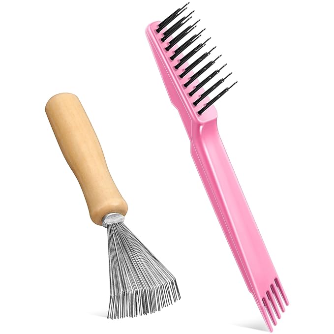 Boao 2 Pieces Hair Brush Cleaning Tool Comb Cleaner Brush Mini Comb Cleaning Hair Remover Tool for Removing Dust Home and Salon Use(Pink, Wood Color,Polished Wooden Handle Rake)