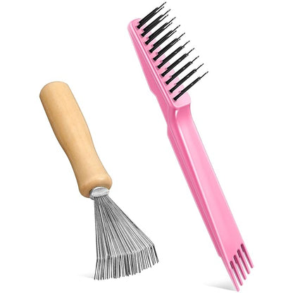 Boao 2 Pieces Hair Brush Cleaning Tool Comb Cleaner Brush Mini Comb Cleaning Hair Remover Tool for Removing Dust Home and Salon Use(Pink, Wood Color,Polished Wooden Handle Rake)