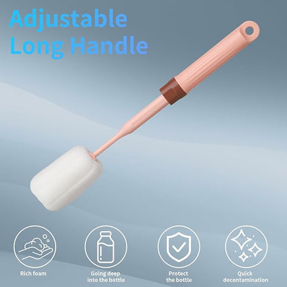 Sponge Bottle Brushes Adjustable Long Handle Up to 12.9” High Density Foam Bottle Brush Head Hanging Design with 4 Traceless Hooks– Bottle Brush Cleaner for Water Bottle & More (2 Pack)