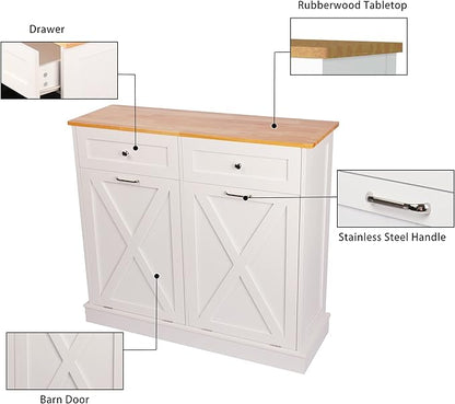TOLEAD Double Tilt Out Trash Can Cabinet 2 x 10 Gallon Wooden Hidden Trash Cabinet with Barn Door & Solid Wood Top, Farmhouse Kitchen Garbage Bin Enclosure, Pet Proof Odor Blocking for Kitchen, White