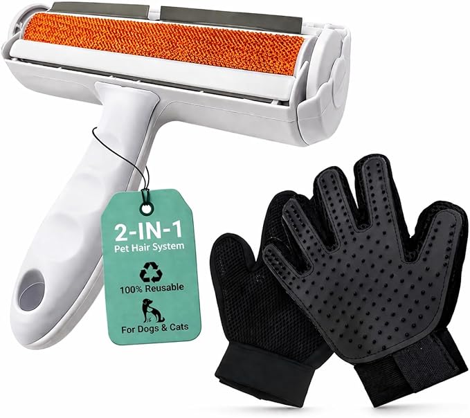 Pet Hair Remover Roller with 2 Grooming Gloves – Reusable Lint Remover for Dogs and Cats (Orange)