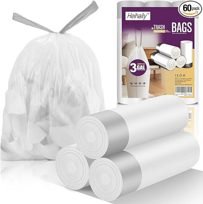 Small 3 Gallon Garbage Bags - Heihaily 60 Counts Unscented Drawstring Kitchen Trash Bags Bulk Thick Disposable Clear White Plastic Wastebasket Liners for Restroom Office Bathroom Bedroom