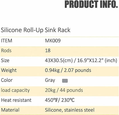 Mistifi Silicone-Coated Stainless Steel Over The Sink Multipurpose Roll-Up Dish Drying Rack, 16.9"X12.2", Heat Resistant Non Slip Dish Draining Rack BPA Free Dishwasher Safe (S, Gray)