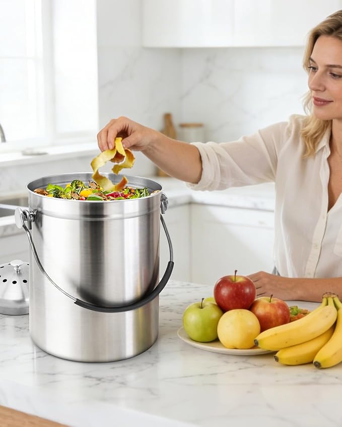 Countertop Compost Bin Kitchen with Lid and 2 Charcoal Filter for Odorless Composting | Stainless Steel Kitchen Composter with Soft-Grip Handle (Silver, 1.3 Gallon)