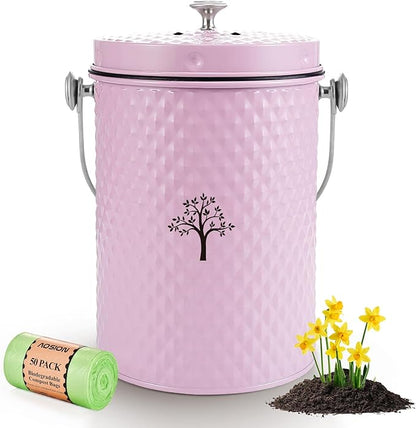 AOSION Countertop Compost Bin Kitchen，Odorless Indoor Compost Bin with Lid and 50 Pack Compost Bags,Compost Bucket Composter Container for Food Waste,Pink