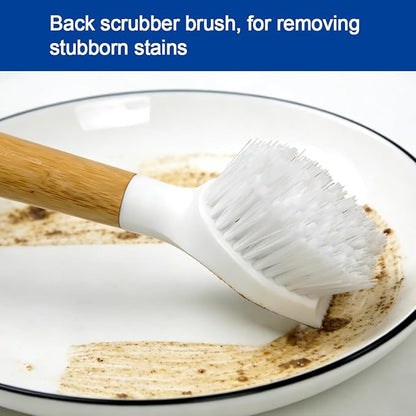 CELOX Bamboo Dish Scrubber Brush with Handle, 2 Pack Kitchen Brushes for Dishes