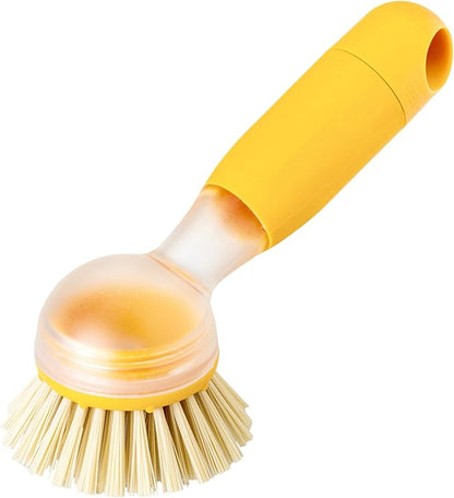 Vigar Rengo Dish Brush with Soap Dispenser - Dish Scrubber with Handle, Kitchen Scrub Brush for Dishes, Sink Cleaning Brush, Soap Dispensing Dish Wand with Nylon Bristles, Non Scratch - Mustard
