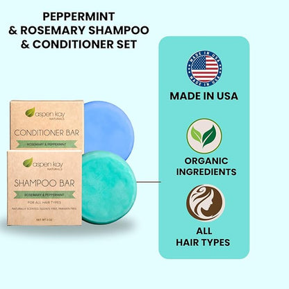 Peppermint & Rosemary Shampoo & Conditioner Bar Set, Organic, Vegan, Volumizing, Hydrating Argan Oil Conditioner & Shampoo for Curly or Straight Hair, Paraben & Sulfate Free, Made in USA