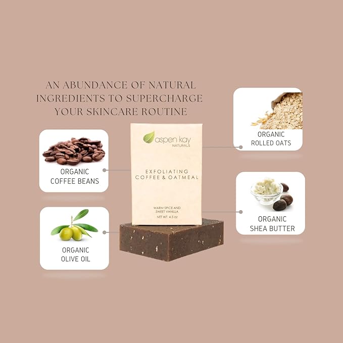 Aspen Kay Naturals Coffee & Oatmeal Exfoliating Soap, Natural and Organic Coffee Scrub. With Organic Shea Butter & Pure Essential Oils. A Wonderful Oatmeal Soap, For Men & Women. 4.5 oz Bar.