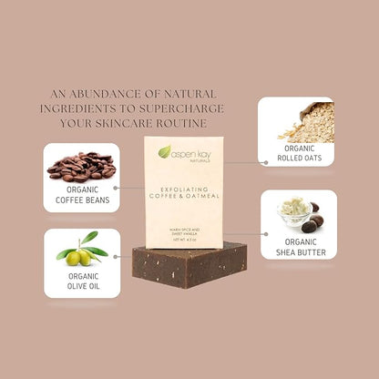 Aspen Kay Naturals Coffee & Oatmeal Exfoliating Soap, Natural and Organic Coffee Scrub. With Organic Shea Butter & Pure Essential Oils. A Wonderful Oatmeal Soap, For Men & Women. 4.5 oz Bar.