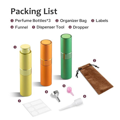 LISAPACK 8ML Atomizer Perfume Spray Bottle for Travel (3 PCS) Empty Cologne Dispenser, Portable Sprayer (Yellow, Green, Orange)