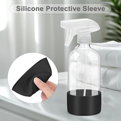 Worldgsb 2 Pack Glass Spray Bottles with Silicone Sleeve, 16 oz Empty Refillable Containers with Adjustable Spray Nozzles, Spray Bottles for Hair, Cleaning Solutions and Plants Black