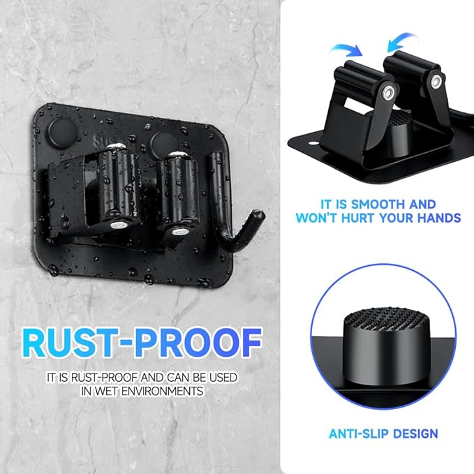 JAMEND CLXP 4-Pack Broom Holder with Heavy Duty Hooks, Upgraded Stainless Steel Mop Hanger. Wall Mount Utility Tool Rack for Kitchen Garden Laundry Garage. Matte Black.