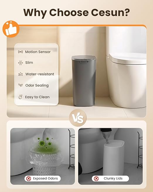 Cesun 5 Gallon Automatic Bathroom Trash Can, Touchless Motion Sensor Garbage Can with Lid, Smart Plastic Slim Wastebasket for Bathroom, Office, rv, Bedroom, Living Room, Grey
