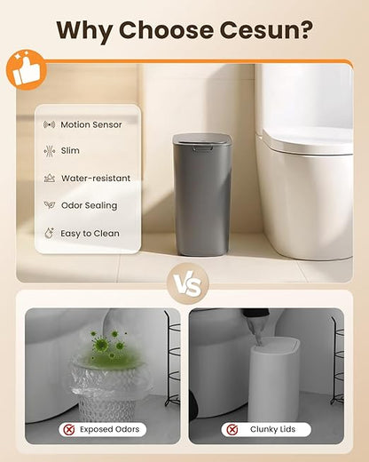 Cesun 5 Gallon Automatic Bathroom Trash Can, Touchless Motion Sensor Garbage Can with Lid, Smart Plastic Slim Wastebasket for Bathroom, Office, rv, Bedroom, Living Room, Grey
