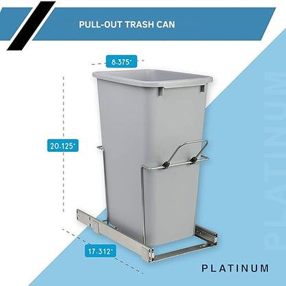 Knape & Vogt SCB9-1-20PT 8.375 inch x 20.125 inch x 17.313 inch 20 Qt. in-Cabinet Single Soft-Close Bottom-Mount Pull-Out Trash Can, Platinum