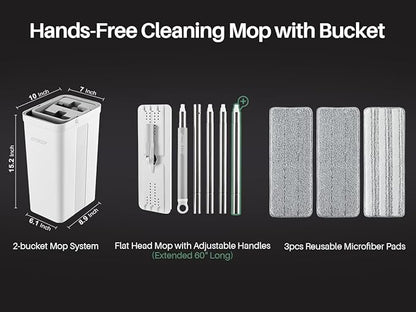 JOYMOOP Mop and Bucket Set, Flat Mop for Household & Commercial Floor Cleaning, Wet Dry Wall Cleaner with Long Handle, Hardwood Floor – Includes 3 Microfiber Pads