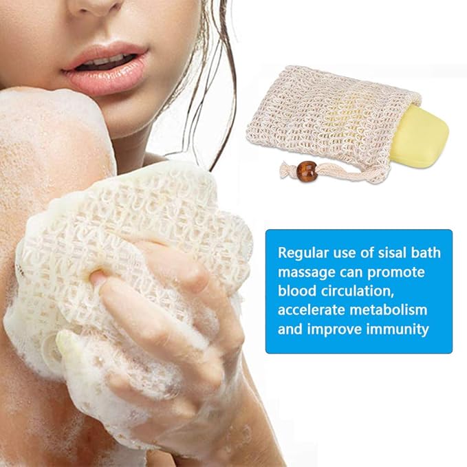 BUYGOO 40Pack Soap Saver Bag Exfoliating Sisal Soap Pouch with Drawstring Bar Wooden Bead Foaming and Drying Exfoliating Net for Bath and Shower