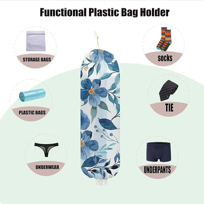 Flowers Plastic Bag Holder 22.5x9 Inch, Blue Floral Wall Mount Grocery Bag Holder for Plastic Bags, Washable Grocery Bags Storage Dispenser for Home Kitchen Pantry Decor, Flower Gifts for Women
