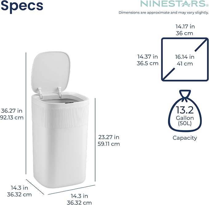 Ninestars Touch Tap & Motion Sensor Trash Can for Kitchen and Bedroom, 13 Gal 50L High-Grade ABS Body (Rectangular, White)