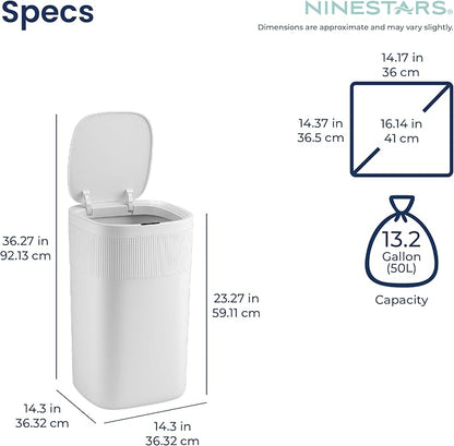 Ninestars Touch Tap & Motion Sensor Trash Can for Kitchen and Bedroom, 13 Gal 50L High-Grade ABS Body (Rectangular, White)