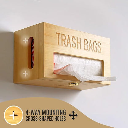 Libreshine Bamboo Garbage Bag Holder, Multi-Mount Space-Saving Trash Bag Organizer for Kitchen, Pantry, Holds 8-33 Gallon Rolls & 50+ Grocery Bags, Under-Sink/Wall-Mounted/Cabinet Storage